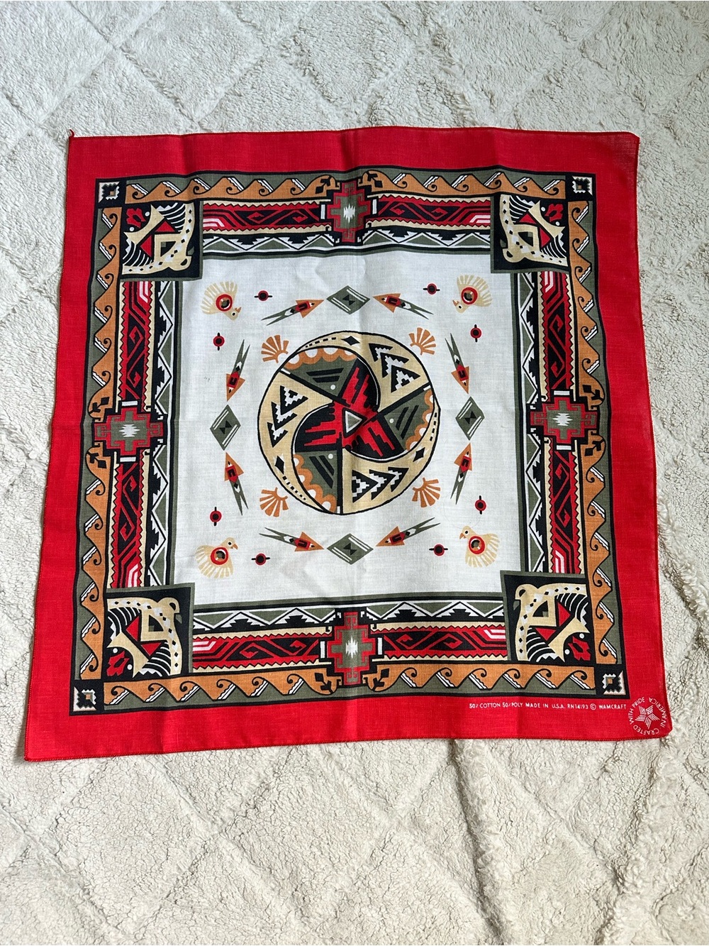 Vintage | Native American Southwest Aztec Red Handkerchief Bandana | One Size